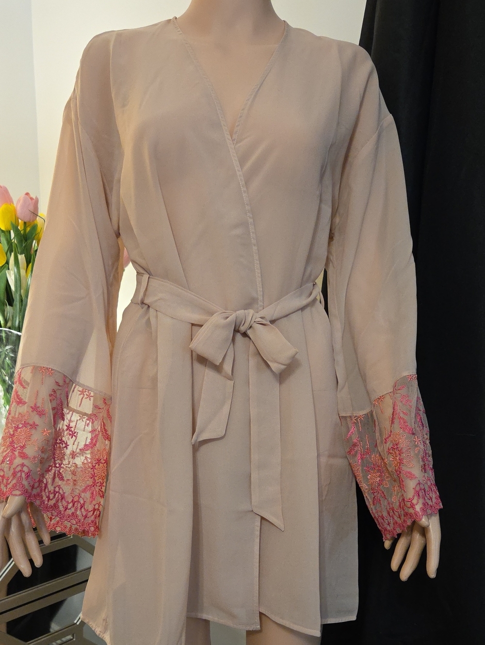 Cosabella Blush Pink Tie-Waist Robe with Pink Lace Cuffs